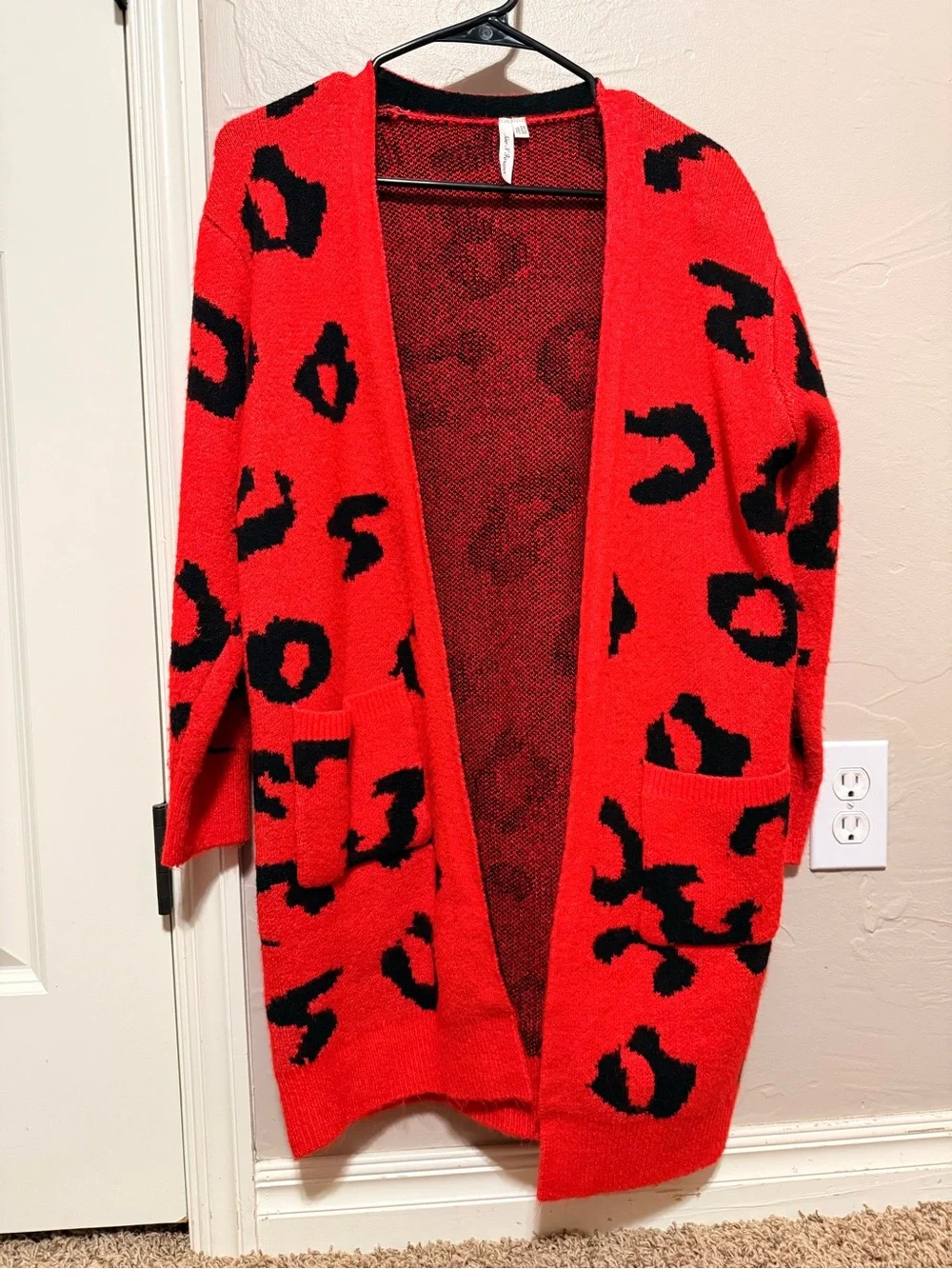 Red Leopard Print Open-Front Women’s Cardigan Sweater